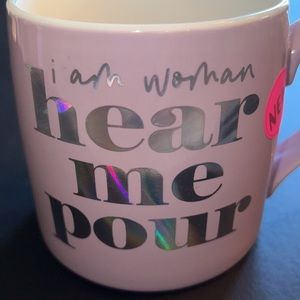 Slant 20oz ceramic coffee mug w/iridescent silver lettering “I am woman…”-NWT